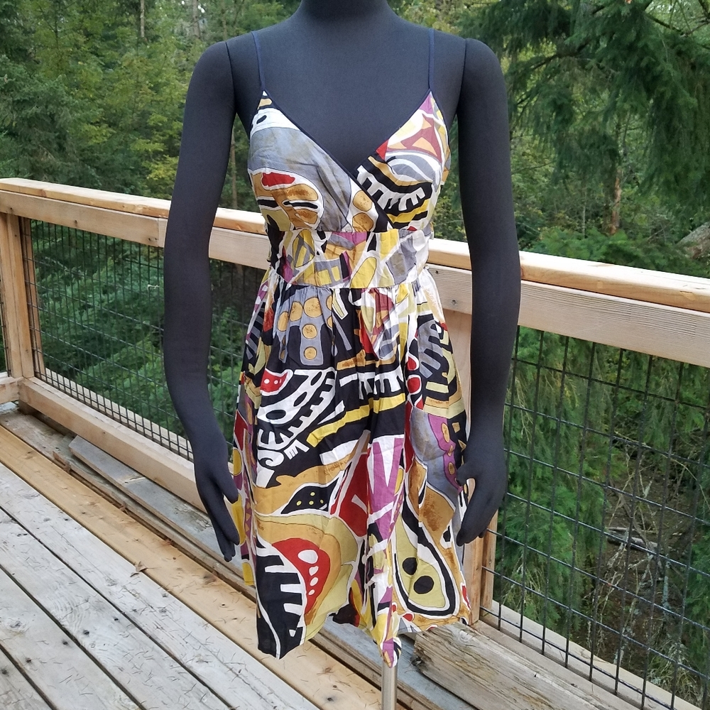 Fire LA Dress Deep V Neck Sleeveless Cotton Batik Print Waist Tie Siz Medium EUC